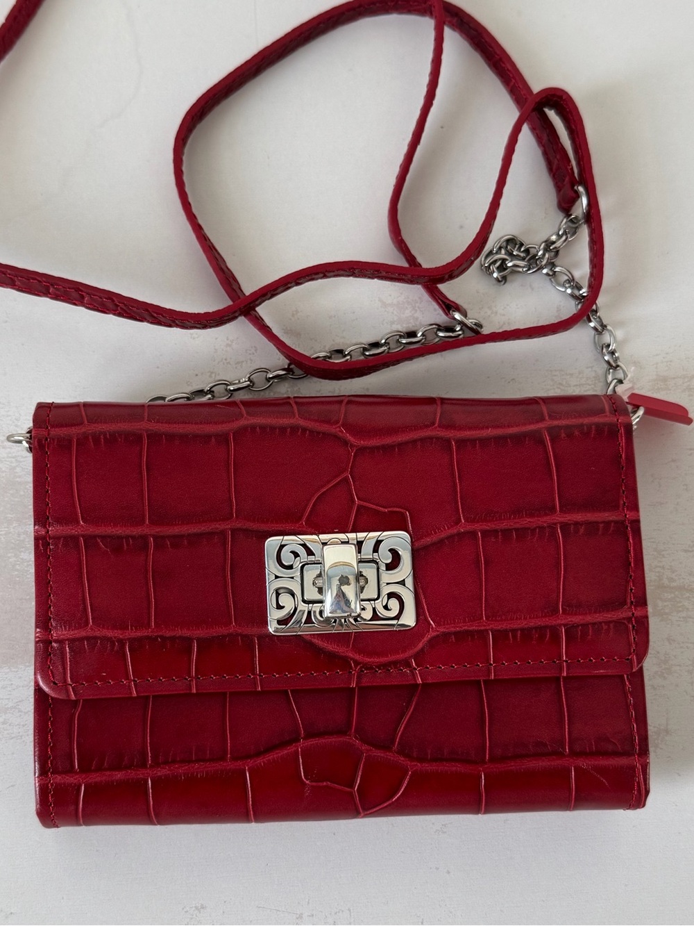 Brighton Red Croc-Embossed Wallet On Chain Strap Crossbody